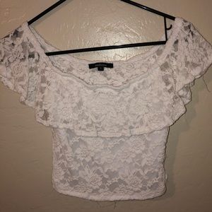 White flirty off shoulder cropped shirt